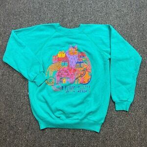 Laurel Burch Vintage 90s Womens M Teal I Love Cats Graphic Hanes Sweatshirt USA